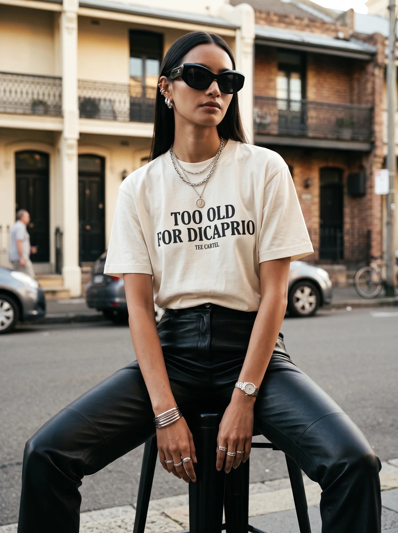 Tee Cartel Too Old For DiCaprio tee in the brand's street campaign imagery