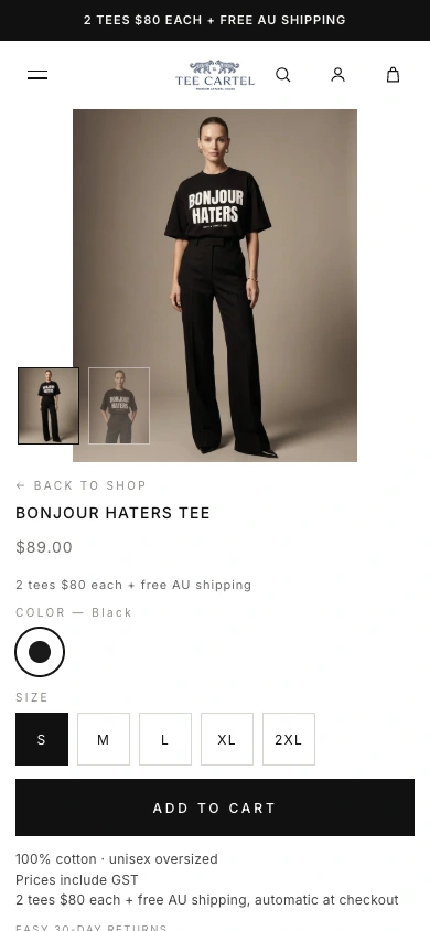 Bonjour Haters product page on mobile with the tee image, price, colour, sizes and add-to-cart button