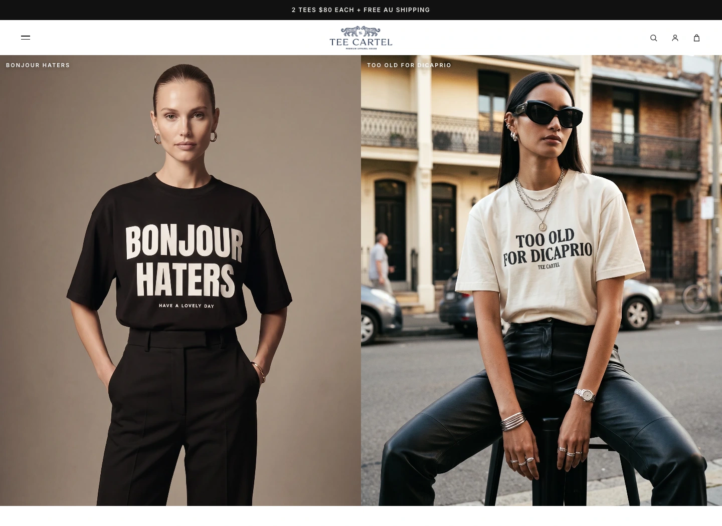 Actual Tee Cartel desktop homepage showing the brand header and paired Bonjour Haters and DiCaprio campaign images