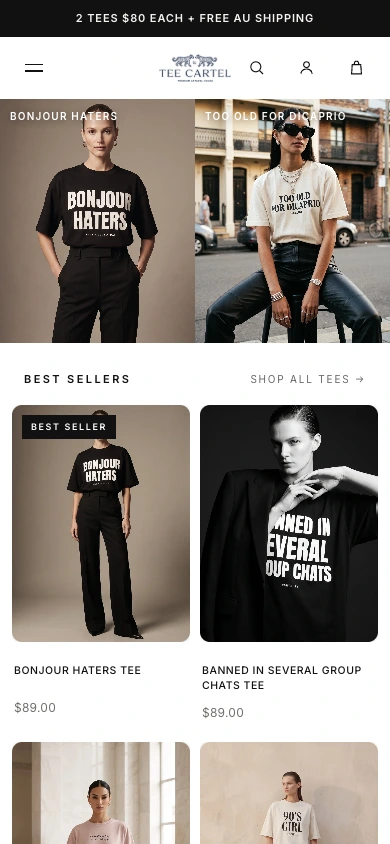 Actual Tee Cartel homepage on mobile, showing navigation and the campaign-led entry to the store